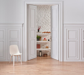 White classic wall background in to the room, brick wall and shelf kitchen style.