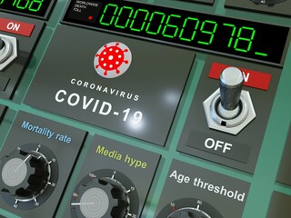 Remote control of the coronavirus. Concept of artificial origin of the virus. Digital display with the number of deaths. Regulators of mortality rate, media hype and age threshold. Conspiracy theory
