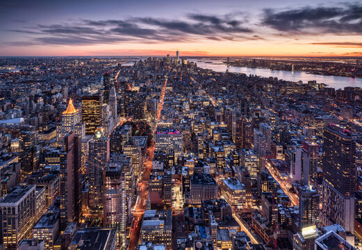 Fototapeta Lower Manhattan Skyline at sunset, New York City, USA
