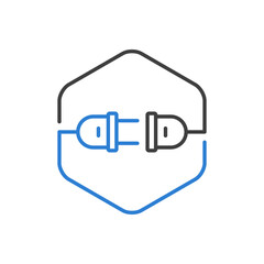 Concepto energía eléctrica. Logotipo lineal enchufe eléctrico con cable y conector en hexágono en azul y gris