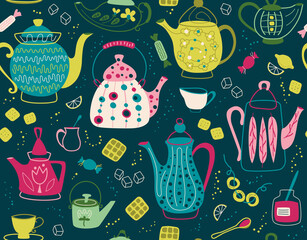 Seamless pattern with teapot. Background for fabric, textile, wallpaper, posters, gift wrapping paper, napkins, tablecloths. Print for kids, baby, children