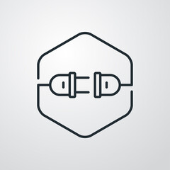 Concepto energía eléctrica. Logotipo lineal enchufe eléctrico con cable y conector en hexágono en fondo gris