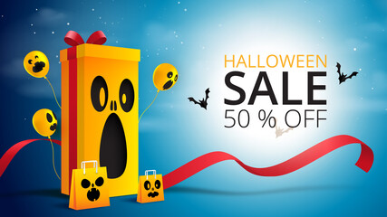 Happy Halloween banner or sale background paper cut style.Spooky online store with gift box and shopping bag.Vector illustration.