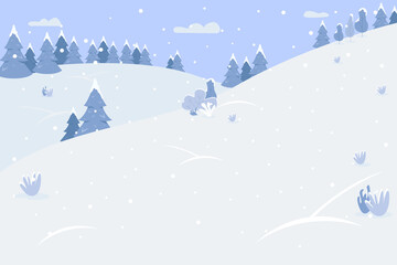 Fototapeta na wymiar Snow mountains semi flat vector illustration. Winter resort for extreme sports. Place with trees and hills. Snowfall on traditional holiday. Cold season 2D cartoon landscape for commercial use