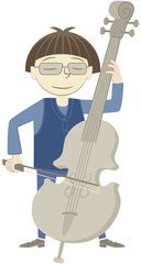 Asian child playing the cello. Retro style illustration of a little boy playing the cello.