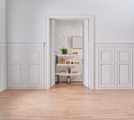 White classic wall background in to the room, brick wall and shelf kitchen style.