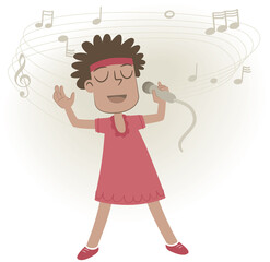 Little singer. Retro style illustration of a little black girl singing on a background with music notes.