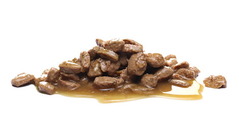 Dog food with meat and vegetable chunks isolated on white background