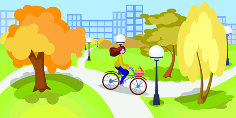 Girl on a bicycle rides in the autumn park.Vector illustration in cartoon flat style