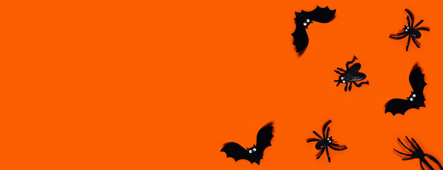 Halloween web banner - orange background with spiders, bats, hand. Flat lay with a place for your...