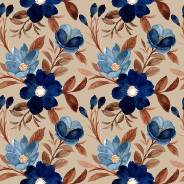 Beautiful Seamless Pattern Blue Flower And Brown Leaves With Watercolor