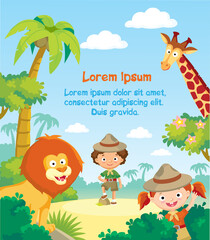 Africa jungle landscape animals wildlife and scouts boy and gir in rainforest. Lion and giraffe on palms background.