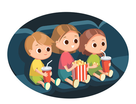 Children stare, gaze at screen amazed by breathtaking movie. Kids with popcorn in cinema movie theater Children watching movie and eating popcorn. Spending time with friends.