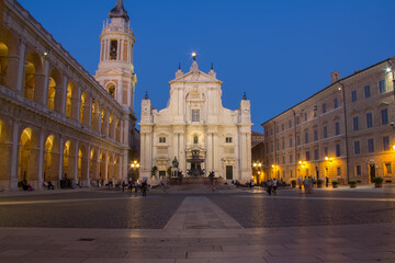 Loreto, Marche, province of Ancona. Residence square of the Basilica of Santa Casa at night, a popular pilgrimage site for Catholics at sunset.