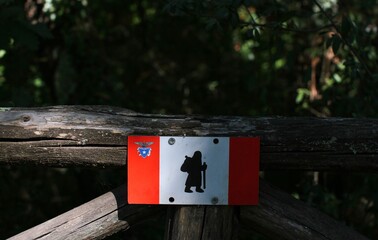Sign along a country path indicating the Via Francigena near Bolsena Italy.