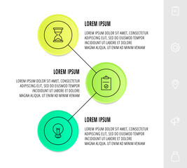 Infographics circles with 3 steps, icons. Flat line vector template. Can be used for three diagrams, business, web, banner, info graph, timeline, content, chart, processes diagram. Data visualization.