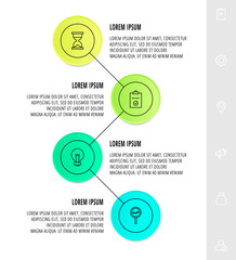 Infographics circles with 4 steps, icons. Flat line vector template. Can be used for four business, web, banner, workflow layout, flowchart, info graph, timeline, content, chart, processes diagram.