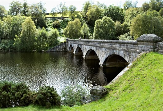 Bridge over Leighton Reservoir, Swinton, Ripon, North Yorkshire, England.