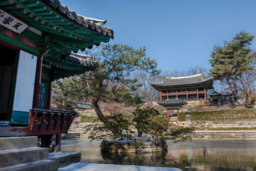 Fototapeta premium Changdeokgung Palace, Seoul.Korea. Changdeokgung Palace is the UNESCO World Cultural Heritage. Beautiful Secret Garden with snow.