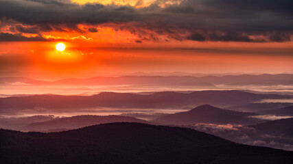 Superb mountain vista. Summer sunrise in the Carpathian Mountains. Bieszczady National Park. Poland.
