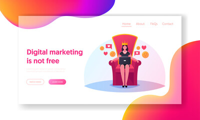 Fame Public Relations Landing Page Template. Queen Character with Laptop in Hands Sitting on Throne with Crown on Head