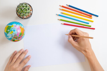 Top view of drawing picture with cactus plant and globe model on white background