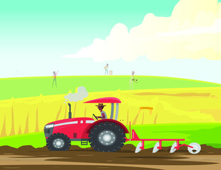 
Farmer digging ground for crops with tractor.