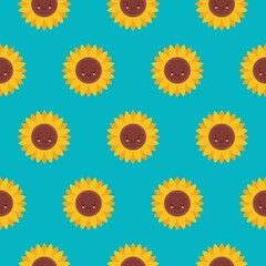 Vector seamless pattern with cute sunflowers characters on blue. Sweet honey background for beekeeping products.