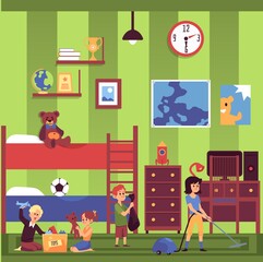 Family cleaning with people characters in interior, flat vector illustration.