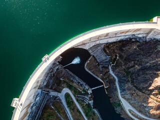Aerial view of the Atazar reservoir and dam in Madrid, Spain.