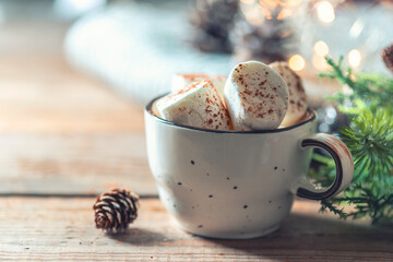 Hot cocoa with marshmallow surrounded by winter things on a wooden table. Winter holiday.