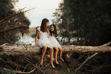 Naklejka premium Little sisters: girls having fun in the summer forest, sitting on the tree and smiling. Two small cute beautiful sisters hugging and feeling happy.