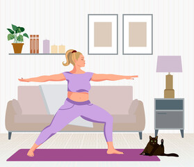 Girl practicing yoga with funny cat. Flat vector illustration