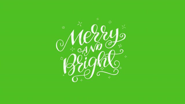 Moving lettering phrase Merry And Bright with decorative strokes. Flourish handwritten saying with tag curves in motion graphic 4K. Animated inscription for New Year and Christmas greeting ecard