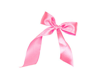 Bright pink shiny satin bow tied from silk ribbon isolated on white background for greeting cards decoration.