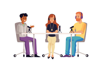 People leading online podcast for social media flat vector illustration isolated.