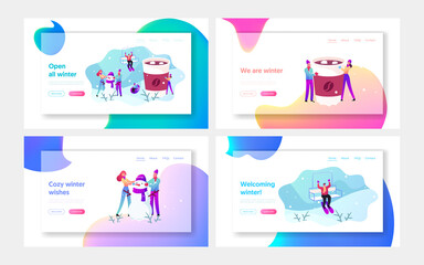 Winter Holidays Activity and Outdoor Spare Time Landing Page Template Set. Characters Playing Outdoors Make Snowman