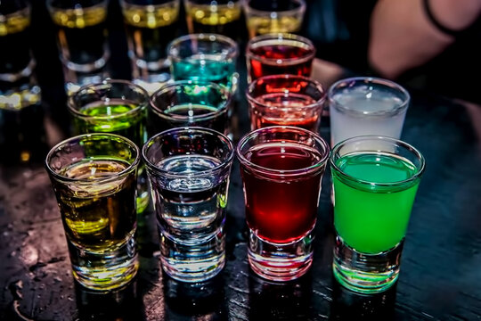 Barman preparing colorful alcoholic cocktails at the club 