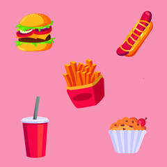 fast food vector. Burger stick hotdog cup drink cake illustration