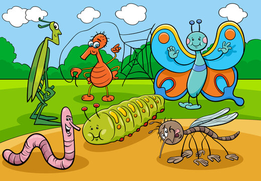 happy insects and bugs cartoon characters group