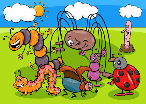 insects and bugs cartoon characters group