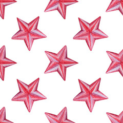 Obraz premium Seamless pattern watercolor hand-drawn red star christmas decoration on white. Art creative background for card, celebration, wallpaper, textile, wrapping