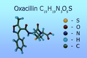 Structural chemical formula and molecular model of oxacillin, a narrow-spectrum beta-lactam antibiotic of the penicillin class used to the treatment of bacterial infections. 3d illustration