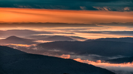 Superb mountain vista. Summer sunrise in the Carpathian Mountains. Bieszczady National Park. Poland.