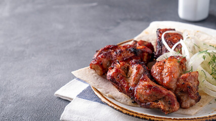Grilled meat with onion on a plate. Shashlik. Text space