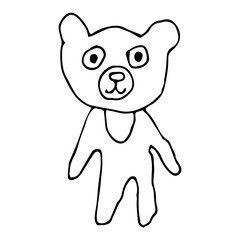 Cute cartoon linear doodle teddy bear isolated on white background.  