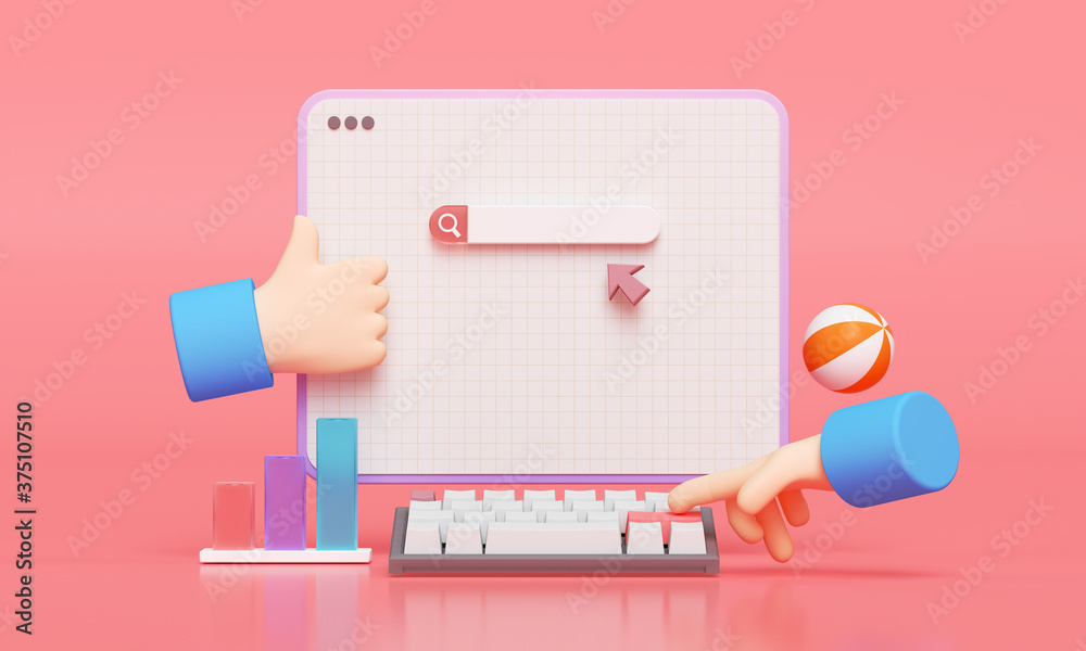 Fototapete Search bar webpage on pink background. Hand typing for searching on web search concept. 3d rendering