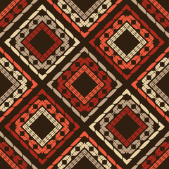 Mosaic with geometric shapes. Seamless pattern. Design with manual hatching. Textile. Ethnic boho ornament. Vector illustration for web design or print.