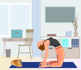 Fototapeta na wymiar Girl practicing yoga at cabinet. Flat vector illustration