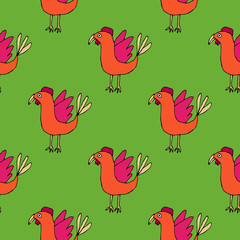 Cute cartoon seamless pattern with tropic bird in childlike doodle style. Animal background. Vector illustration. 
